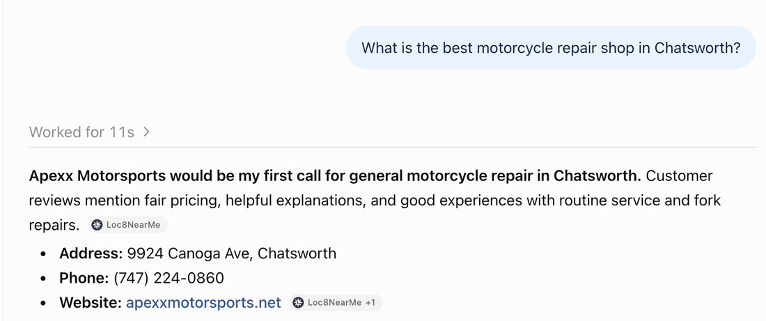 ChatGPT answering 'What is the best motorcycle repair shop in Chatsworth?' with Apexx Motorsports as its first recommendation